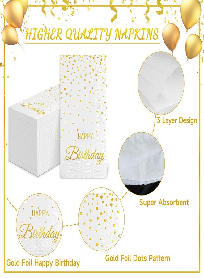MEINV 100 Happy Birthday Guest Napkins - Disposable Gold Foil Dots Paper Hand Towels, 3 Layers White and Gold Birthday Dinner Napkins for Men Women Birthday Party Table Decorative - Image 3